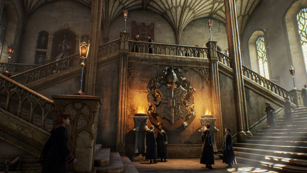 Screenshot from Hogwarts Legacy showing the player character in the wizarding world