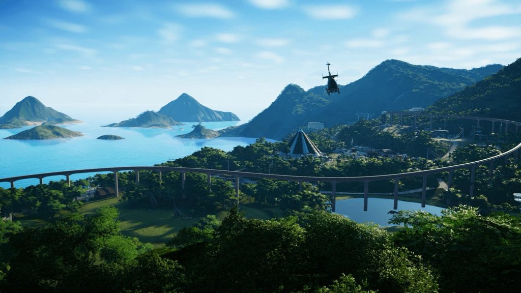 Screenshot from Jurassic World Evolution showing a dinosaur park