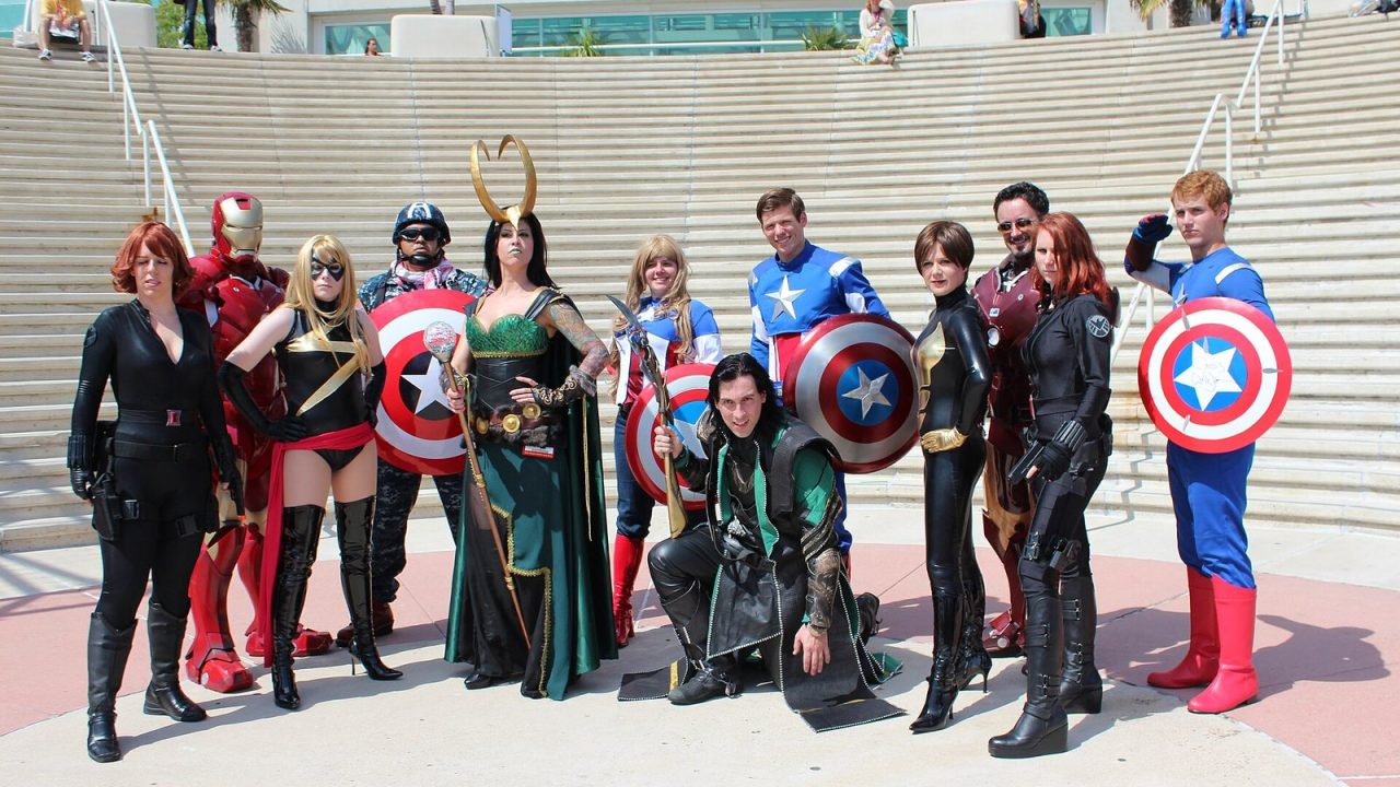 Group of Avengers cosplayers including Captain America, Iron Man and Loki at San Diego Comic-Con 2012