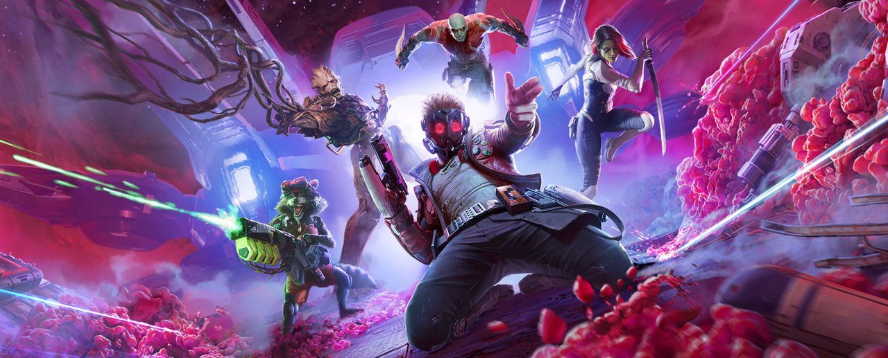 Key art for Marvel's Guardians of the Galaxy showing the five Guardians