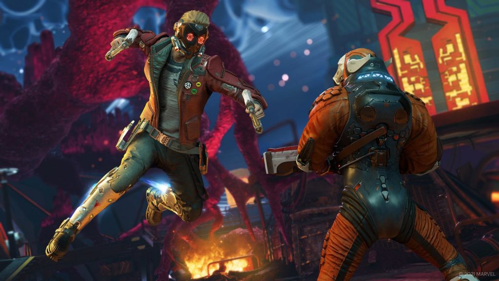 Screenshot of Star-Lord and the team in combat in Marvel's Guardians of the Galaxy