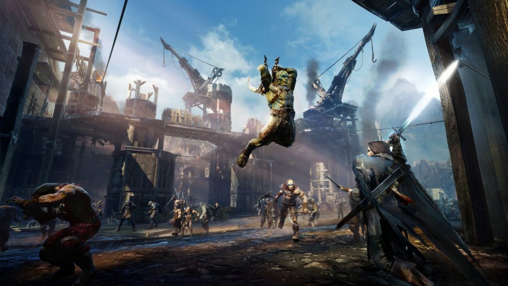 Screenshot from Middle-earth: Shadow of Mordor showing Talion fighting orcs