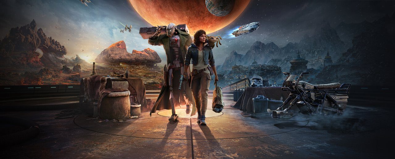 Key art for Star Wars Outlaws featuring Kay Vess and Nix