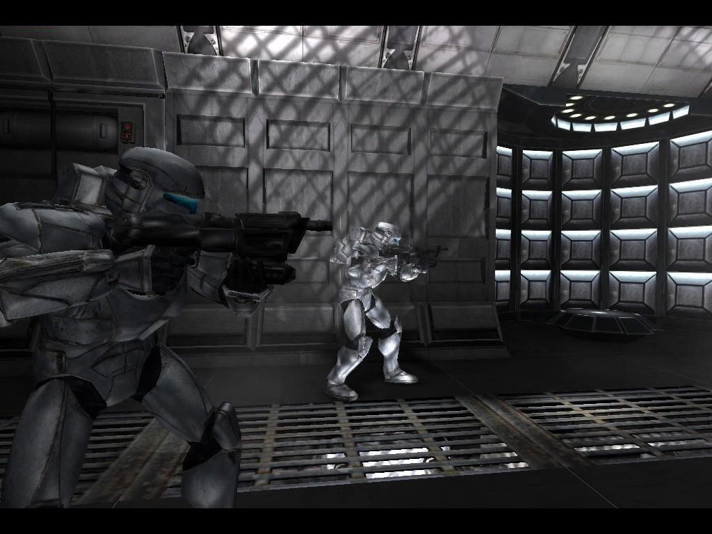 First-person screenshot from Republic Commando with squadmates in combat