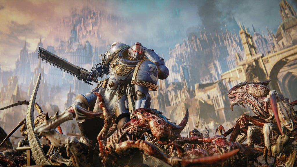 Screenshot from Warhammer 40,000: Space Marine 2 showing Space Marines in battle